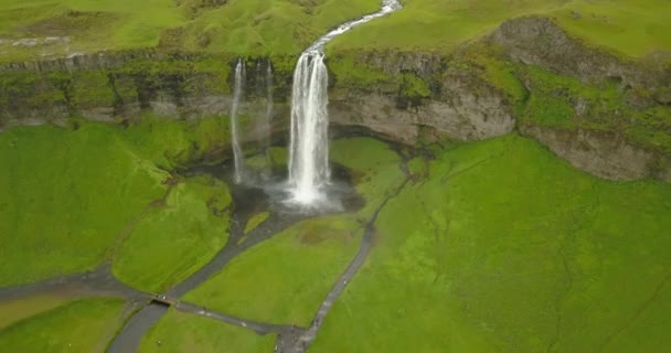 Veduta Aerea Grande Cascata Con Paesaggio Verde Islanda Drone Vista — Video Stock