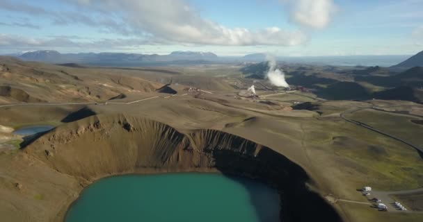 Luchtfoto Van Een Klein Vulkanisch Kraflameer Met Azuurblauw Water Ijslands — Stockvideo