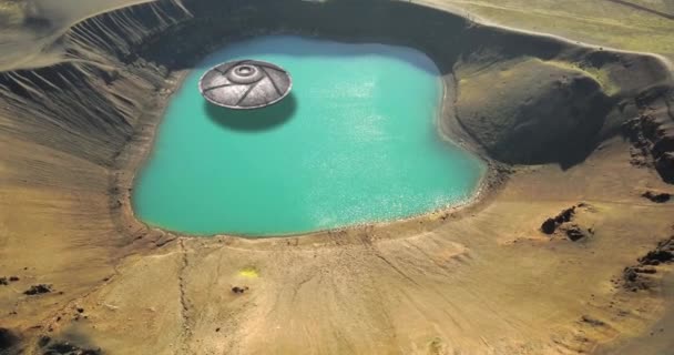 Flying Saucers Fleet Close Mothership Aerial Viewlarge Volcanic Lake Landscape — Stock Video