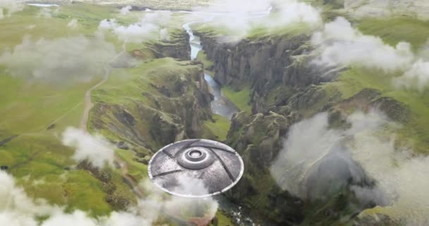 Flota Alien Ufo Abierto Islandia Cañón Paisaje Vista Aérea Drone — Vídeos de Stock