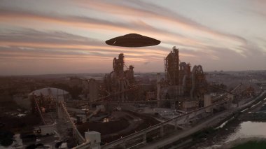 Uçan daire büyük fabrika tesisi üzerinde süzülüyor. Hava aracı Beton fabrikasının üzerinde günbatımında.