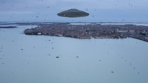 Alien Ufo Invasion Über Venedig Italien Luftbildhunderte Ufos Flotte Auf — Stockfoto