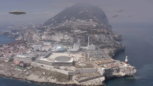 Alien invasion over strait of Gibraltar, Aerial viewdrone view from Gibraltar, Alien invasion concept