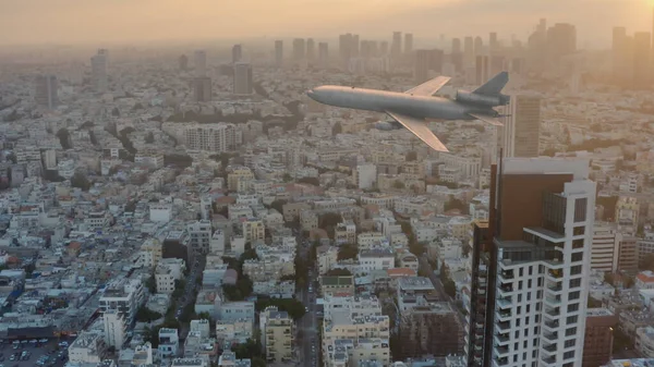 Jumbo Passenger Plane Tel Aviv City Skyline Leaving Israel Aerialdrone — Stock Photo, Image