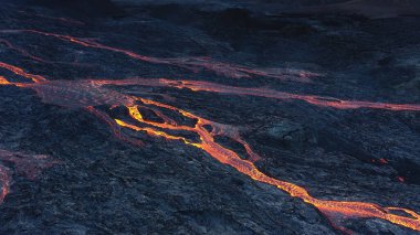 Lava flows from Mount Fagradalsfjall, aerial evening view, iceland4K drone shot of lava spill out of the crater  Mount Fagradalsfjall, September 2021, Iceland  clipart