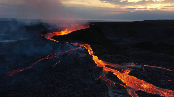 Aerial view over lava eruption, Mount Fagradalsfjall active, iceland4K drone shot of lava spill out of the crater  Mount Fagradalsfjall, September 2021, Iceland 