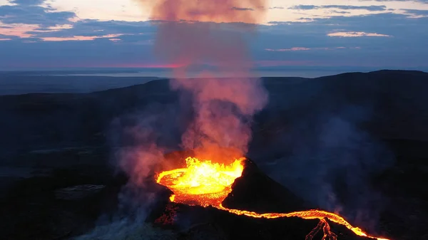 Lava Flows Mount Fagradalsfjall Aerial Evening View Iceland4K Drone Shot — Stock Photo, Image