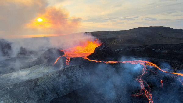 Aerial view over volcanic eruption, Mount Fagradalsfjall4K drone shot of lava spill out of the crater  Mount Fagradalsfjall, September 2021, Iceland 