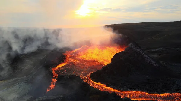 Aerial View Volcanic Eruption Mount Fagradalsfjall4K Drone Shot Lava Spill — Stock Photo, Image