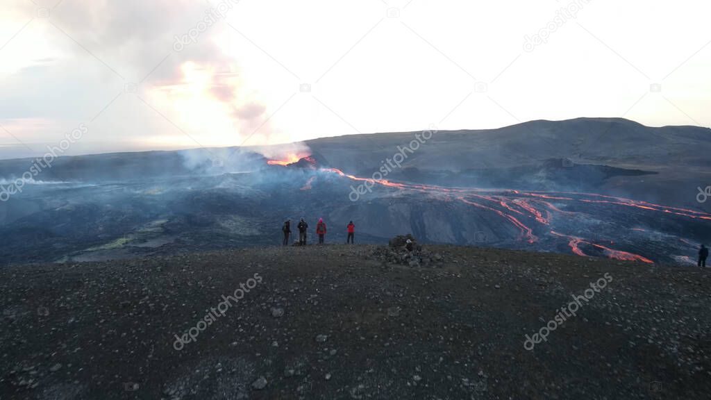 Hikers in viewpoint of Mount Fagradalsfjall Volcano4K drone shot Mount Fagradalsfjall, September 2021, Iceland 