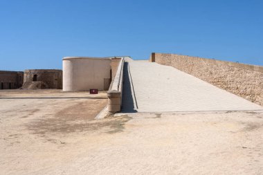 Interior view of the Castle of San Sebastin in Cadiz Andalusia Spain Ancient seaside fortress connected by a scenic coastal walkway. A historic and maritime scene combining architecture culture and Mediterranean landscape perfect for concepts