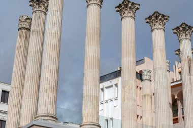 Harabeler, sütunlar, kemerler ve Roma mimari ayrıntılarının yer aldığı Cordoba 'daki Roma kentinin anıtlarının görüntüsü. Bu görüntü antik tarihi, kültürel mirası ve bu arkeolojik alanın eşsiz atmosferini yansıtıyor. 
