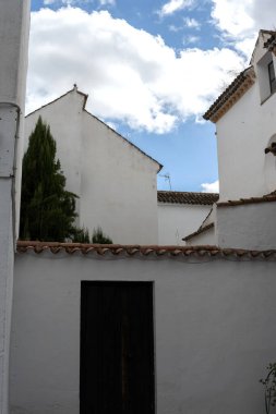 Beyazlatılmış duvarlar, çiçekli avlular, işlenmiş demir pencereler ve seramik dekorasyonlar içeren tipik Cordoba mimarisinin ayrıntıları Endülüs stili harmanlama Mağribi ve Akdeniz etkilerinin otantik bir örneği