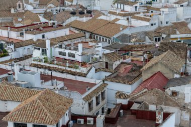 Endülüs 'ün simgesel bir sembolü olan Cordobas Camii Katedrali' nin panoramik görüntüsü. Görüntü kırmızı çatıları, tarihi yerleri, mimari ayrıntıları ve bu UNESCO Dünya Mirası İspanyol şehrinin çevre kentsel manzarasını ön plana çıkarıyor..