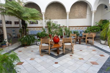Merkezi bir avlu, süs bitkileri, çeşmeler ve Endülüs mimarisinin yer aldığı Granada 'da tipik bir avlunun iç manzarası. Kültür, mimari, turizm, tarih ve geleneksel İspanyol hayatı kavramları için mükemmel bir imaj..