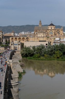 Guadalquivir Nehri ve tarihi köprülerinden biriyle Sevilla 'nın panoramik manzarası. Su yansımaları, Endülüs mimarisi ve sembolik nehir kıyıları boyunca sakin bir atmosferi olan şehir manzarası.