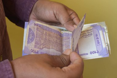 Hintli işadamı, ahşap bir masada 100 rupi sayıyor. Para sayma, maaş, ödeme ve fon kavramı.