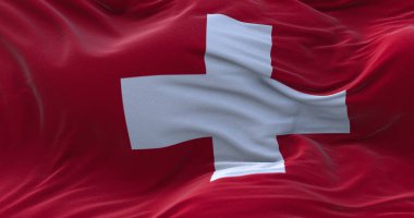 Rüzgarda dalgalanan İsviçre bayrağı. 3B görüntüleme.
