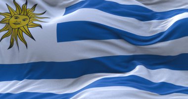 Uruguay bayrağı rüzgarda dalgalanıyor. 3B görüntüleme.