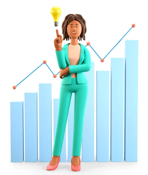 3D illustration of african american woman pointing finger at bulb. Cartoon standing businesswoman generating ideas, business strategy. Analytics, financial management, infographic and graph dashboard.