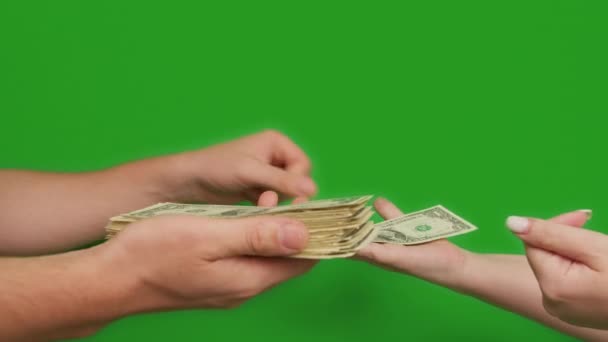 Kobieta żąda pieniędzy od mężczyzny, zbliżenie, chromakey — Wideo stockowe