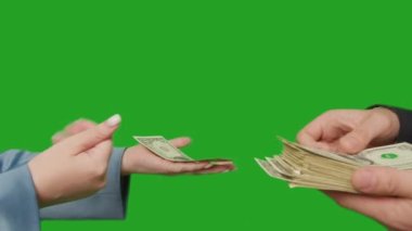 Hands of a woman and a man in a suit, asks for money from a man, close up, chromakey