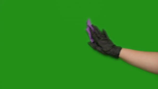 Weibliche Hand in einem schwarzen Gummihandschuh wischt mit einem Lappen, chromakey — Stockvideo