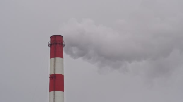 Tubo industrial con humo, fondo gris cielo — Vídeo de stock