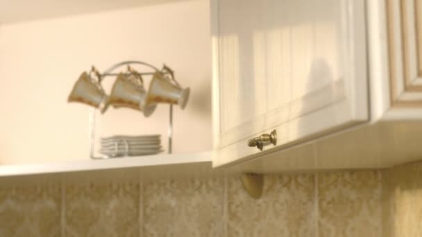 Weibliche Hand nimmt einen Teller aus dem Küchenschrank, Nahaufnahme — Stockvideo