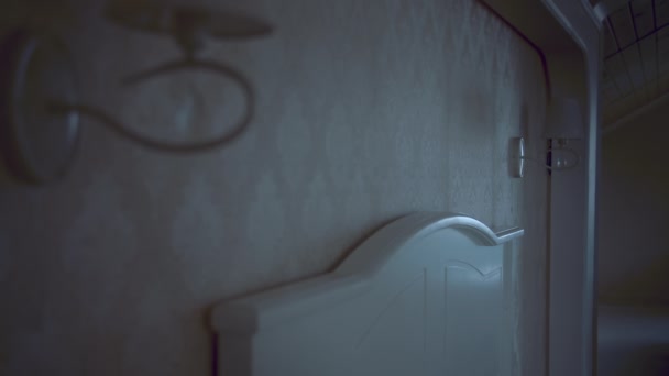 W sypialni, mężczyzna zapala lampę obok głowy łóżka. — Wideo stockowe