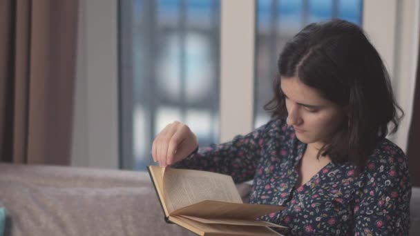 Retrato de una estudiante leyendo un libro sentado en el sofá — Vídeo de stock