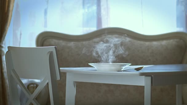 Une assiette de nourriture chaude sur la table d'où sort la vapeur, de la nourriture maison, une journée ensoleillée — Video