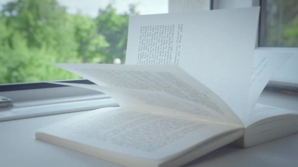 Un libro aperto giace sul davanzale di una finestra aperta, i raggi del sole sulle pagine — Video Stock