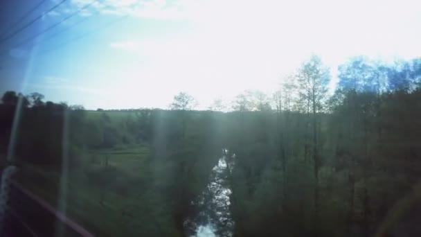 Krajobrazy natury poza oknem pociągu, promienie słońca między drzewami — Wideo stockowe