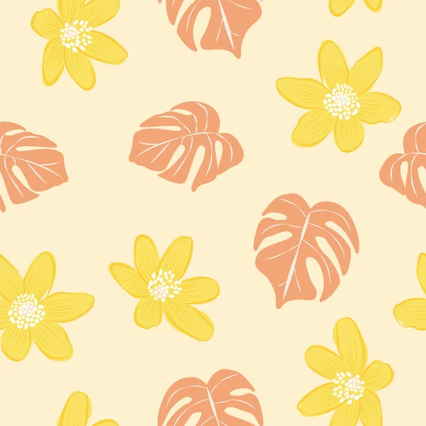 Beautiful Tropical Flowers Leaves Seamless Pattern Design — стоковый вектор