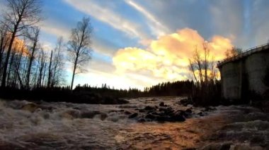 Gün batımında İsveç 'in kuzeyinde çam ağaçlarıyla çevrili taşların üzerinde akan nehir suyunun 4K zaman dilimi.