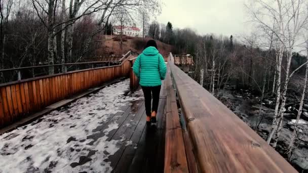 Samotna Podróżniczka Zielonej Zimowej Kurtce Ciesząca Się Panoramicznym Widokiem Ośnieżony — Wideo stockowe