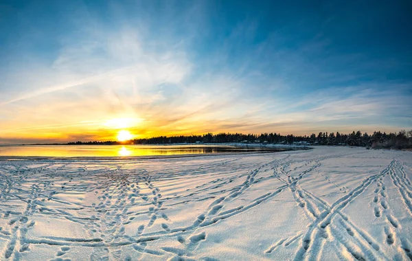 Panorama Neige Plage Mer Pendant Crépuscule Avant Coucher Soleil Hiver — Photo