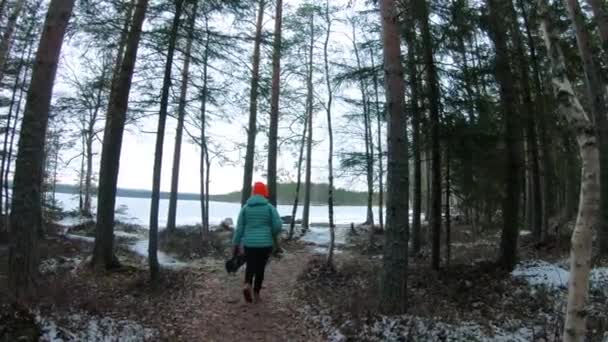 Slo Wideo Samotnej Kobiety Podróżującej Śnieżnym Lesie Zimowy Poranek Kierunku — Wideo stockowe