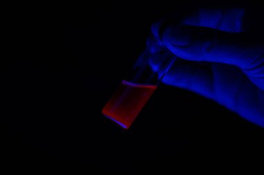 Eczacılık araştırmaları için küçük cam şişede kırmızı floresan fotokimyasal solüsyon tutan bir kimya danışmanı.