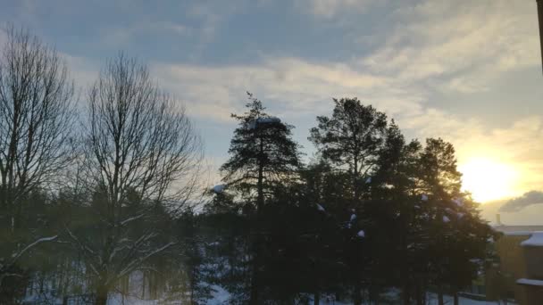 Slow Snowfall Sunny Day Cloudy Sky Winter Chimney Smoke Affecting — Stock Video