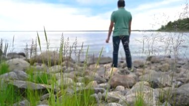 Doğal çayır otları, deniz kenarından esen rüzgârla yavaşça savruluyordu. Güzel yeşil sallanan çimen alanı rahatlatıcı ve romantiktir. Rüzgâr esintisi boyunca sallanıyor. Yeşil çevre kavramı.