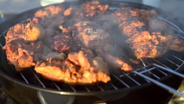 Gros Plan Sur Cuisson Poulet Des Champignons Maïs Sur Barbecue — Video
