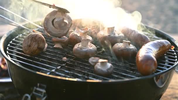 바베큐에서 맛있는 옥수수를 클로즈업했습니다 야외에서 맛있는 음식을 요리하는 Bbq 파편에 — 비디오