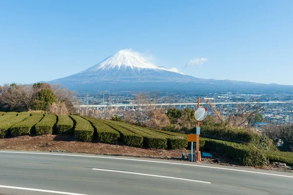 Fuji Dağı, Yamamoto, Fujinomiya, Shizuoka Bölgesi, Japonya 'da karlı ve yeşil çay tarlasına sahip. Trafik aynalı sokak. Fujinomiya şehrinin ve Shin-Tomei otoyolunun havadan görünüşü. 