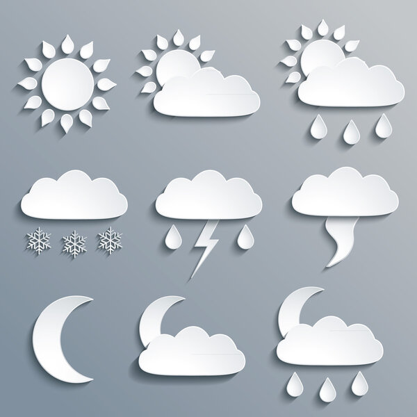 Набор из 9 бумаги, белые иконы природы, векторная иллюстрация
