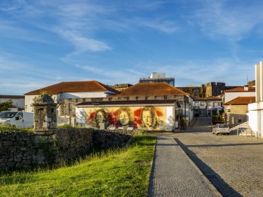 Vila Nova de Cerveira , Portugal; September 2020: view from a cobbled street towards the castle in the historical centre of Vila Nova de Cerveira