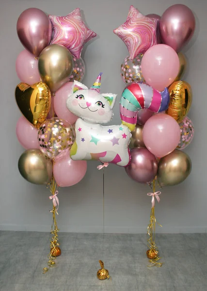 Globos Rosados Con Gatito Globos Para Cumpleaños Una Chica —  Fotos de Stock