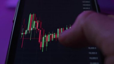 Borsa veya kripto para birimi satın almak için kripto para eğilimlerini analiz eden, şamdan kaydırma grafikleri kullanan bir ticaret uygulaması olan telefonu kapat