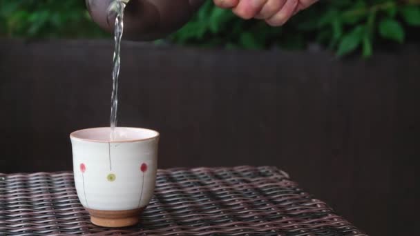 Mano verter té de hierbas saludables en una taza de cerámica al aire libre en un café o restaurante — Vídeo de stock